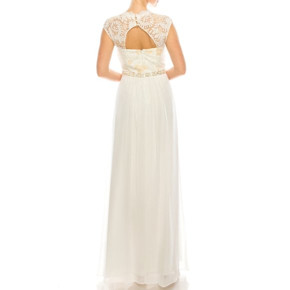 QUEEN ANNE NECK FLORAL LACE BODICE A-LINE CHIFFON FULL LENGTH DRESS(182811) - Picture 4 of 6